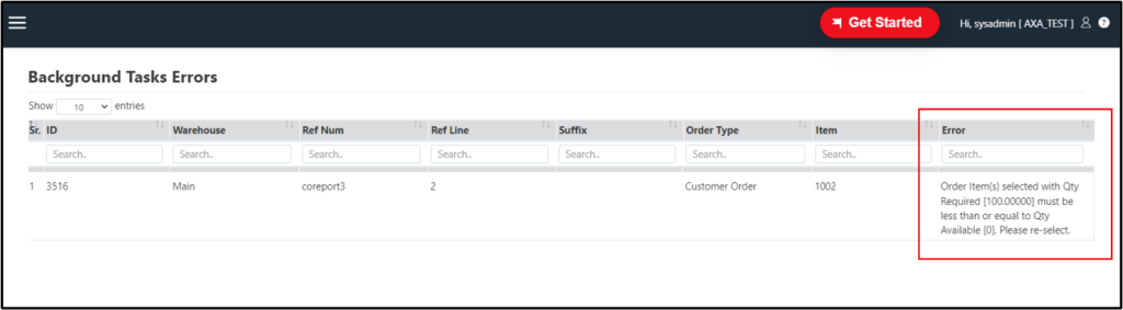 Allocation tasks, Select Action button to view fail reason