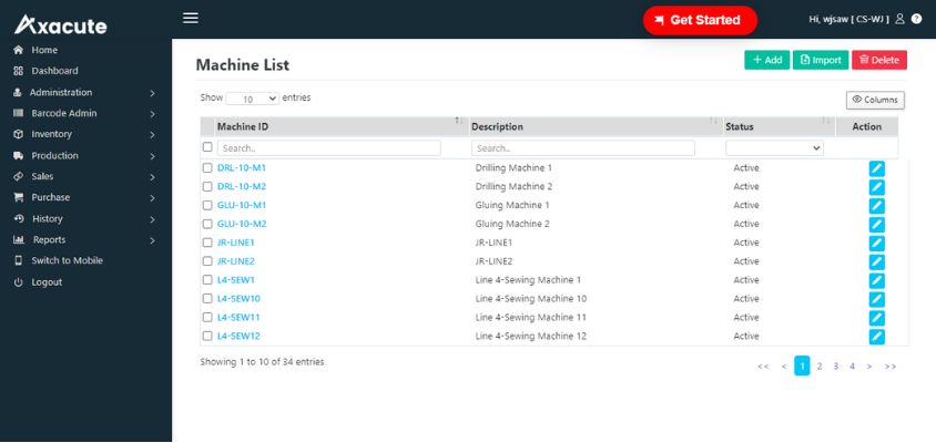 Axacute Production Features track machine utilization