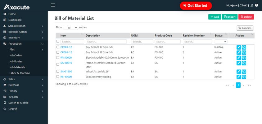 Axacute production features multi-level bill of materials
