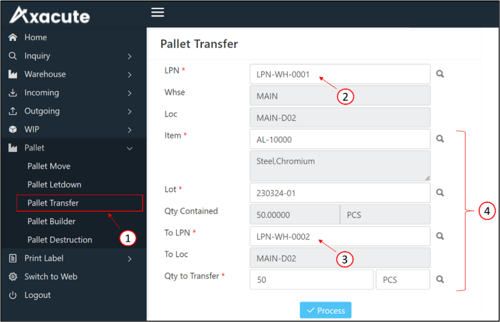 Transfer Item between Pallets by using Pallet Transfer